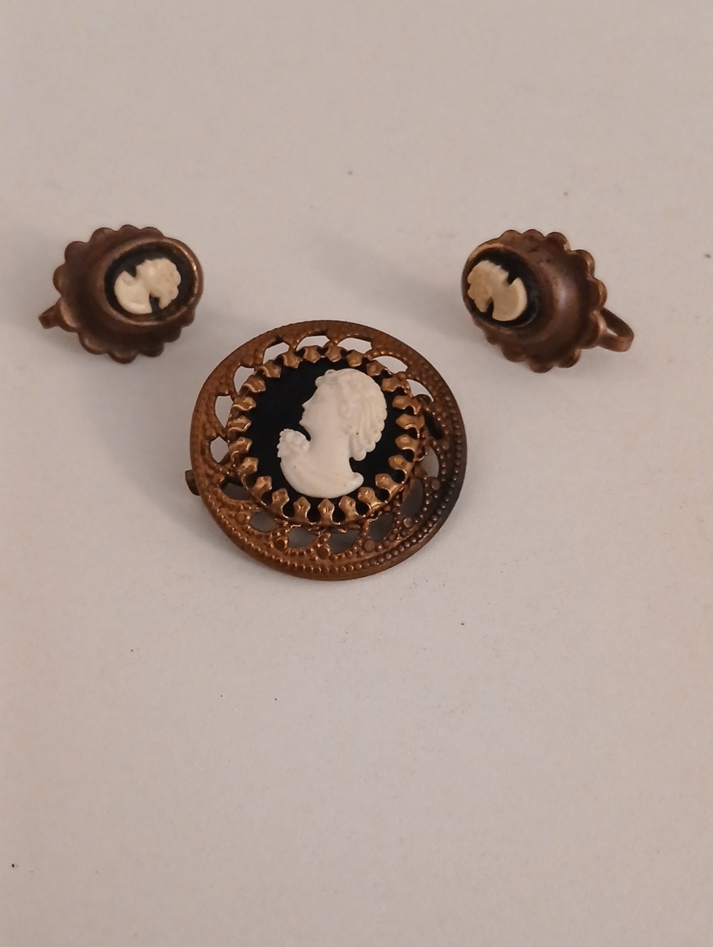 Vintage Cameo Brooch and Clip-On Earring Set - Black and White